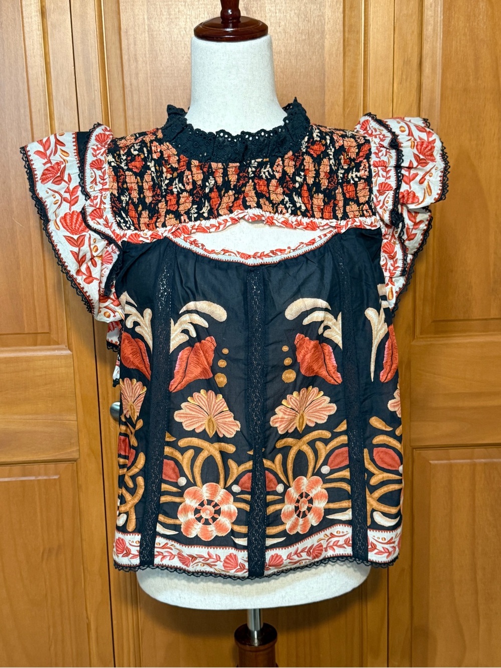 FARM Rio Black Floral Smocked Ruffle Sleeve Top with Orange Accents - Picture 6 of 16